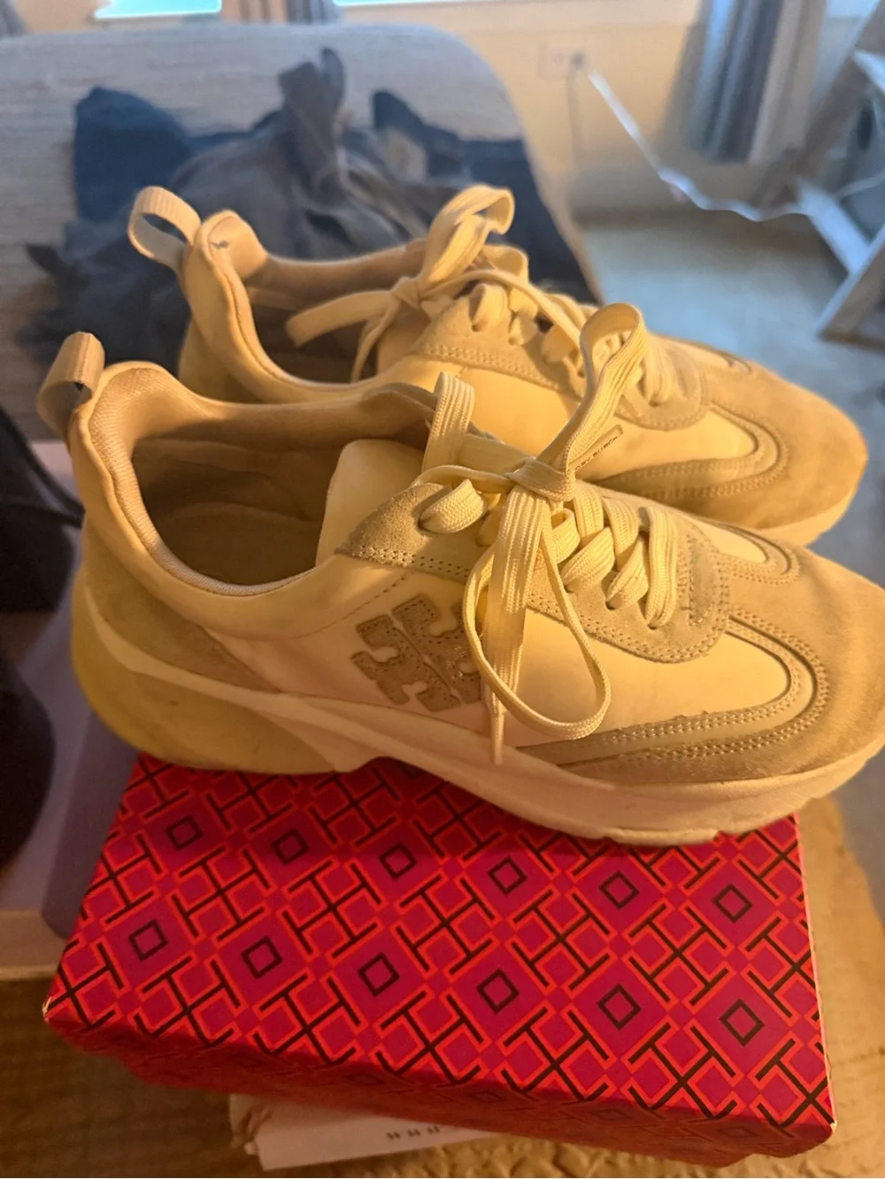 Tory Burch Cream and Tan Suede-Accent Lace-Up Sneakers